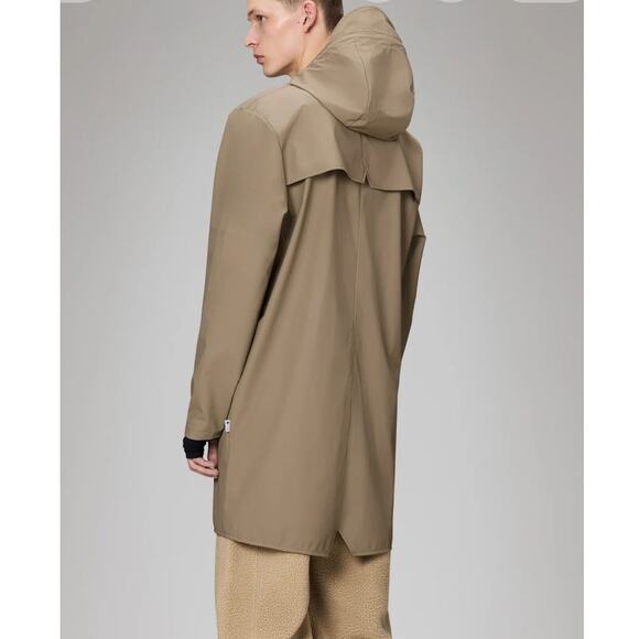 Rains Sz M Unisex Long Rain Jacket Tan Hood Pockets Minimalist Breathable Chic - Picture 2 of 16